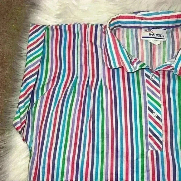 Vintage Avon Fashions Pullover Short Sleeve Button Down Pastel Rainbow Stripe L - Picture 4 of 6